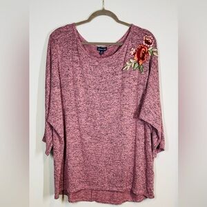 Rose Colored Knit Top with Embroidered Floral Shoulder 2X Olivia Blu